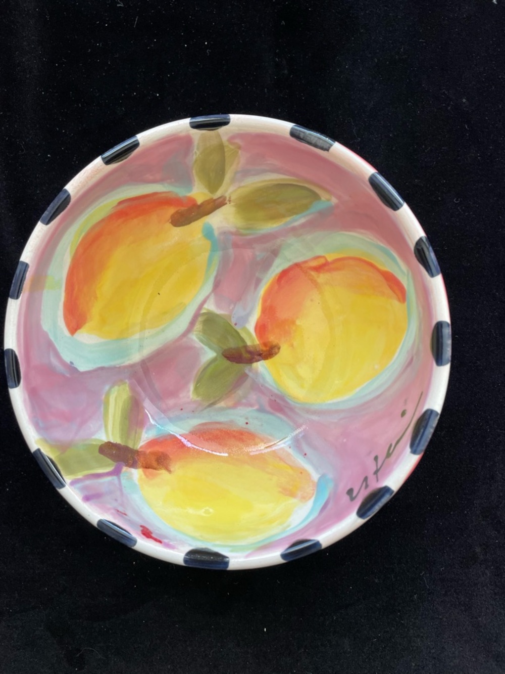 Hand  painted Lemons on Lavender Ceramic 5.5”x3” All Purpose Bowl original